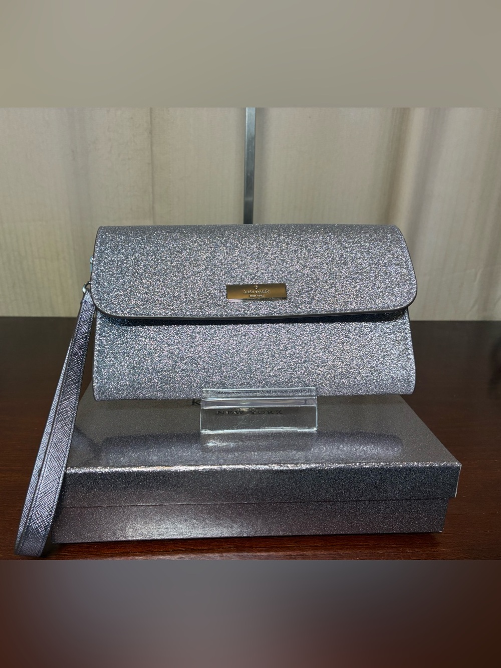 kate spade Silver Glitter Envelope Wristlet NIB